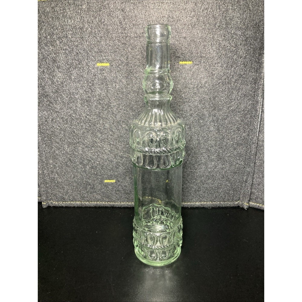 Vintage 12" Tall Clear Glass Bottle Raised‎ Design With Rope Pattern Boho Craft